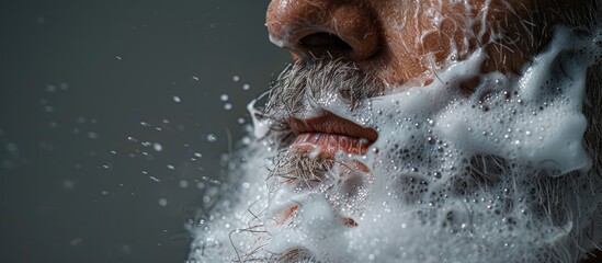 Cropped image of a man shaving his beard with foam on his face set against a grey background. with copy space image. Place for adding text or design