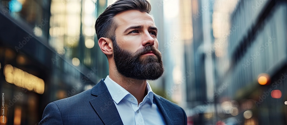 Poster trendy bearded gay man in a suit glancing away on a city street. with copy space image. place for ad