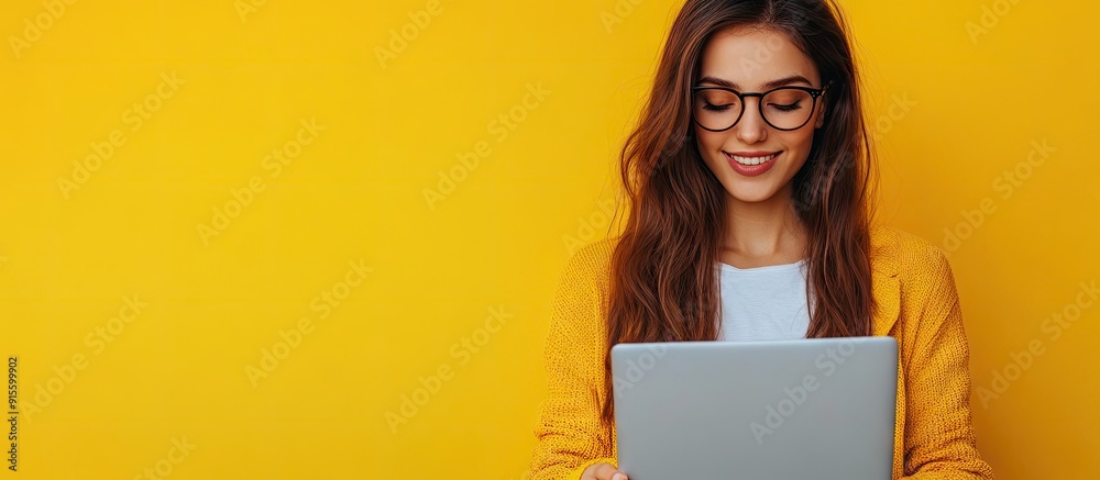 Poster Young woman using a modern laptop against a yellow background. with copy space image. Place for adding text or design
