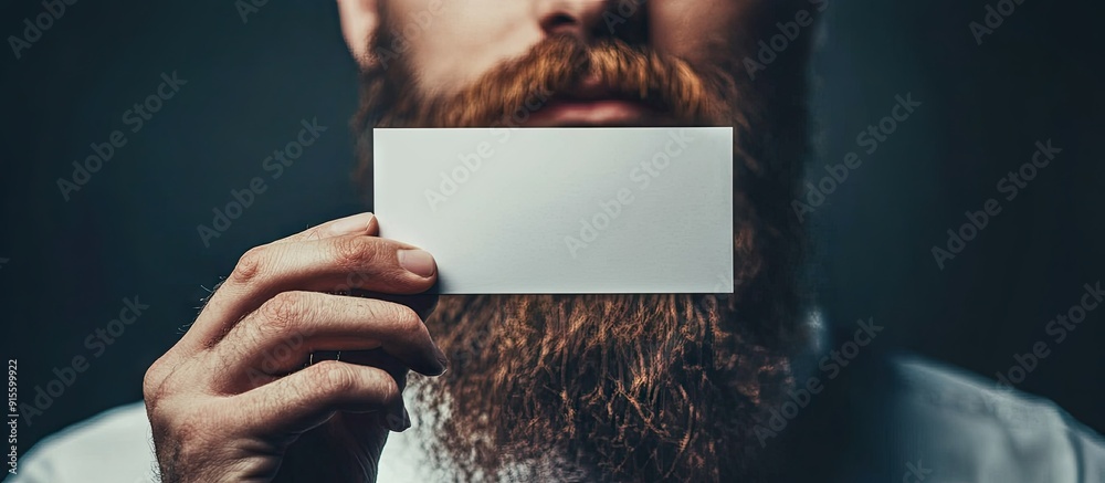 Poster man with a beard holding a blank white card. with copy space image. Place for adding text or design