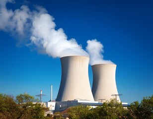 Sunny day landscape showing a Nuclear power Plant with smoke against a blue sky