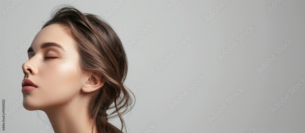 Poster portrait of an appealing woman showcasing ad copy in an empty space highlighting novelty set against