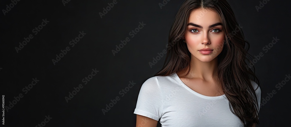 Poster studio portrait of a lovely brunette woman wearing a plain white t shirt set against a simple black 