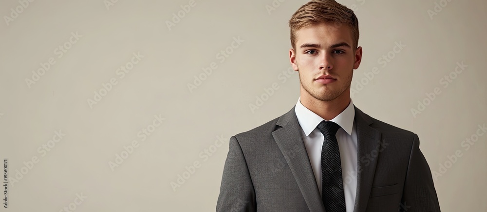Poster business photo of a young man in a business suit. with copy space image. place for adding text or de
