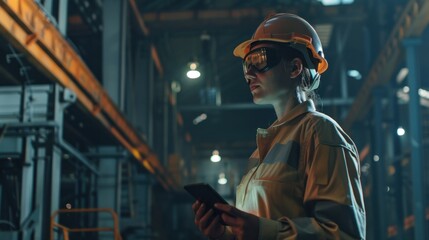 Female factory worker is using smartphone for monitoring