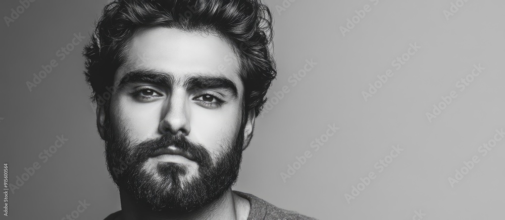 Poster Studio shot of a handsome young Persian man with a beard against a gray background in black and white. with copy space image. Place for adding text or design