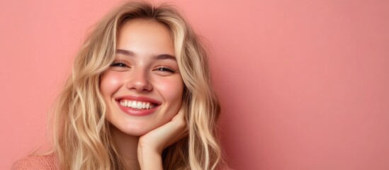young attractive blonde woman smiling embracing life feeling joyful amicable content and relaxed with her hand on her chin against a solid color wall. with copy space image