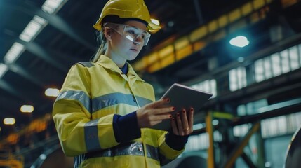 Worker in yellow safety wear using tablet in factory