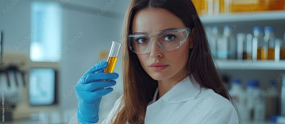 Poster female researcher doctor holding a test tube in a laboratory. with copy space image. place for addin