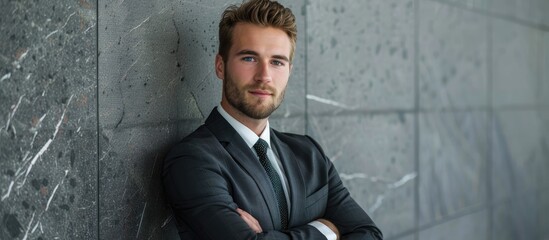 Business portrayal of a young man in a business suit. with copy space image. Place for adding text or design