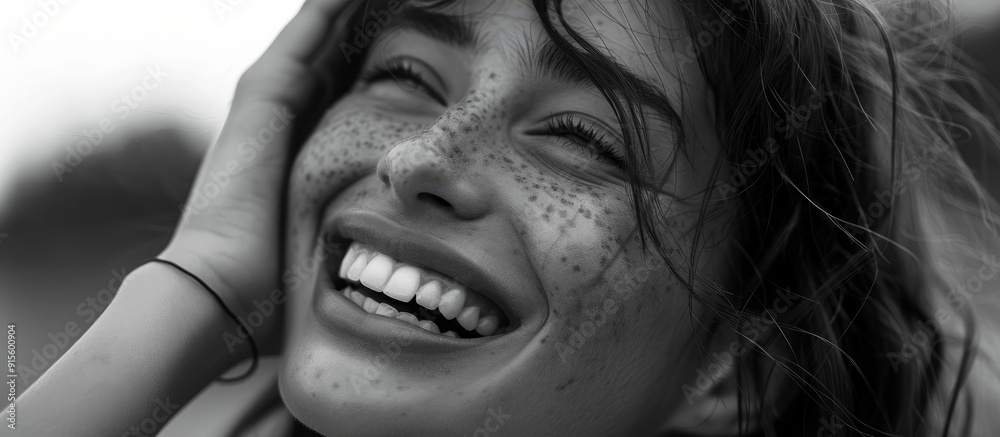 Poster close up portrait of a young woman smiling with a hand raised in a salute gesture. with copy space i