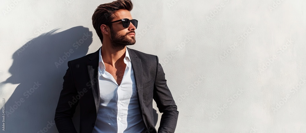Poster Stylish man standing outside against a white backdrop. with copy space image. Place for adding text or design