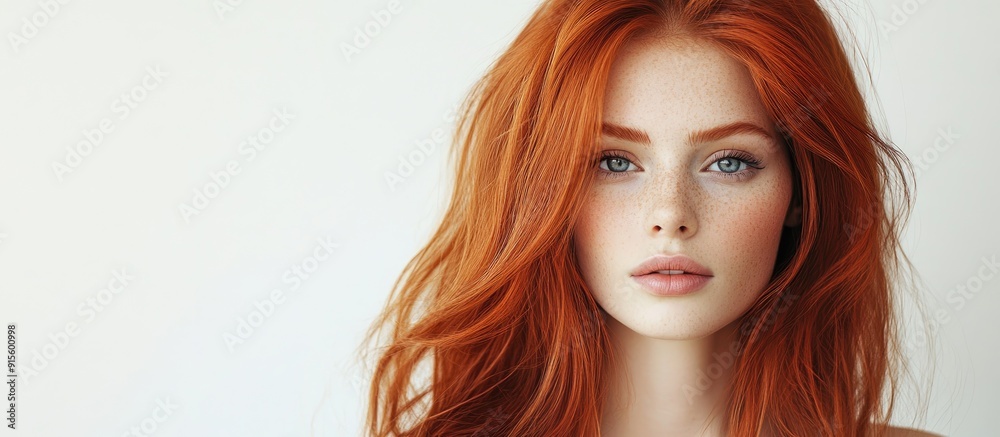 Poster portrait of a stunning redhead woman posing against a white background. with copy space image. place
