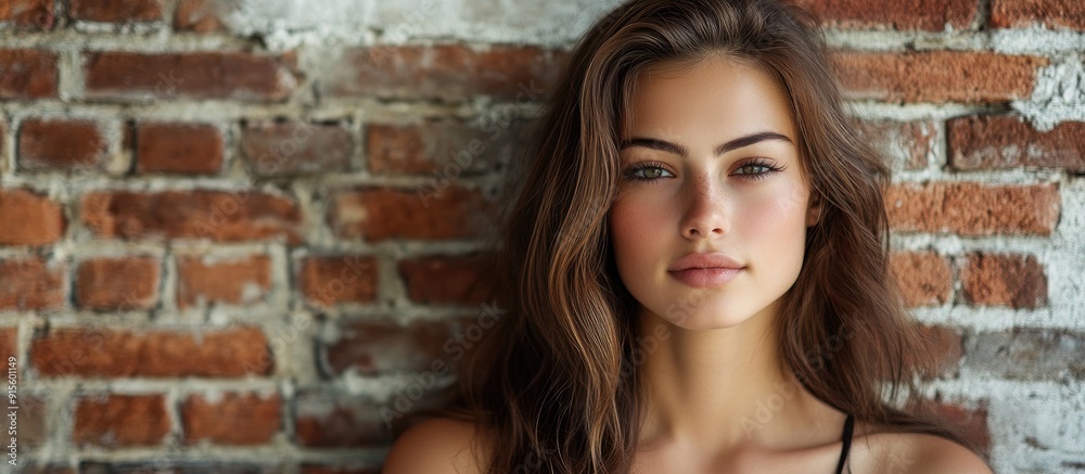 Poster Attractive woman positioned in front of a brick wall. with copy space image. Place for adding text or design