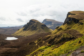 View of the Quiraing landslip on the Isle of Skye, Scotland with rugged hills