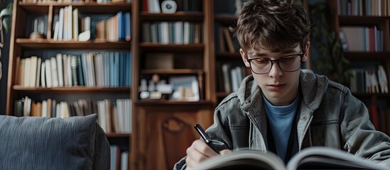 Caucasian teenage boy studying at home while reading a book education concept. with copy space image. Place for adding text or design