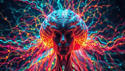 ultra-clear view of a brain-computer interface presenting intricate neural imagery vibrant colors cascading around a user who is centered in the frame creating a sense of inn