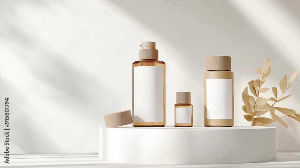 Poster Cosmetics golden color bottles on podium with soft light and white background mock up