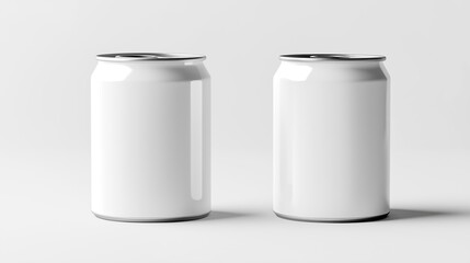 Two white clean cans mock up isolated on white. Two glossy metallic aluminum soda or cola cans bottles on white background with white empty space for label or text
