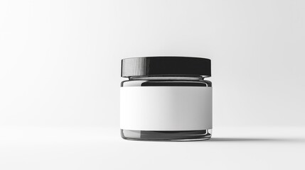 Empty glass white cosmetic jar mock up with black cap isolated on white background. Empty cosmetic jar on white table with white empty copy space space for text and label