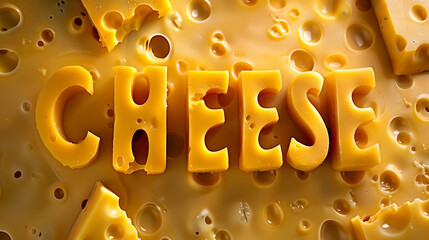 Bright yellow cheese background with text "Cheese" crafted from it