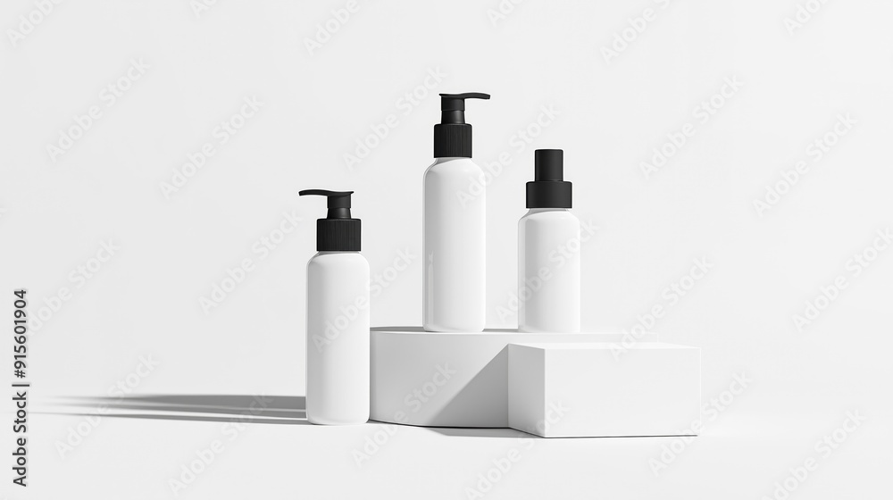 Poster cosmetics white color bottles with black caps on podium with soft light and isolated on white backgr