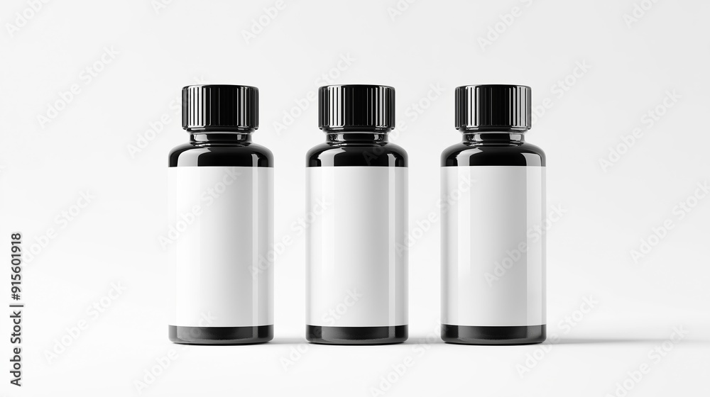 Poster Black cosmetics or meds bottles mock up on isolated white background with empty white space for label