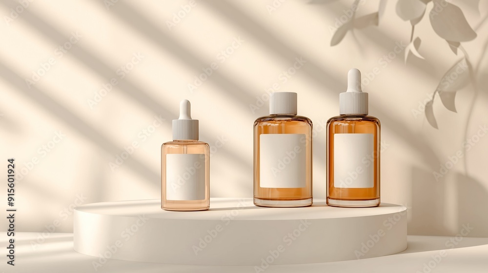 Poster plastic cosmetics bottles mock up and podium with leafs shadows and sunlight summer vibes