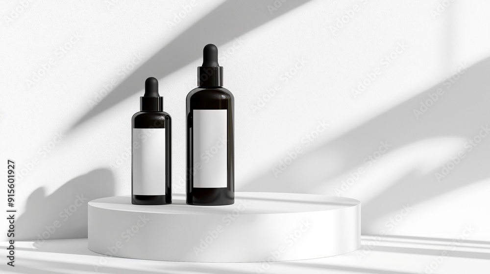 Aufkleber white cosmetics mock up with bottles and podium with leafs shadows and sunlight summer vibes