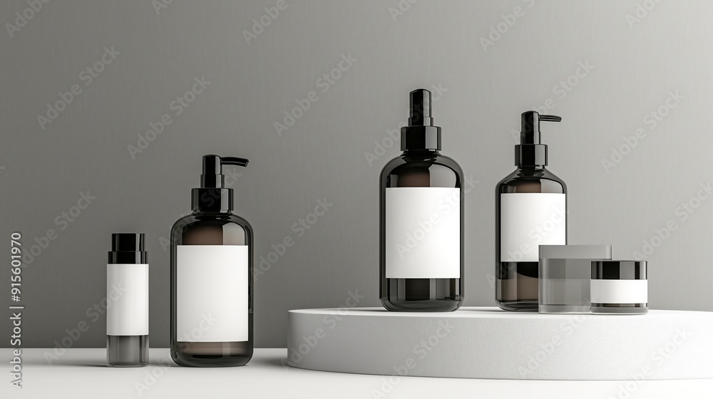 Aufkleber black cosmetics bottles mock up on gray background with empty white space for label