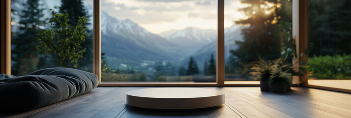 Fototapeta premium 3d stage scene podium of a minimalist interior of wooden floor, breathtaking view of snow-capped mountains and a lush green valley bathed in warm sunset light