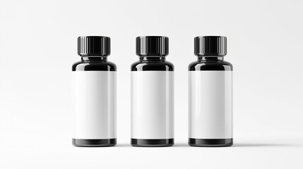 Black cosmetics or meds bottles mock up on isolated white background with empty white space for label