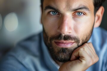 Fototapeta premium A man with a beard and blue eyes is looking at the camera