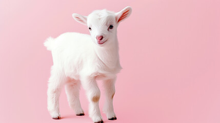 Fototapeta premium Cheerful white baby goat on a soft pink background
