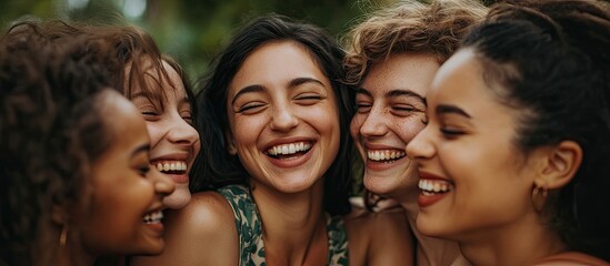 Obraz premium Close up portrait of three female friends having a laugh. with copy space image. Place for adding text or design