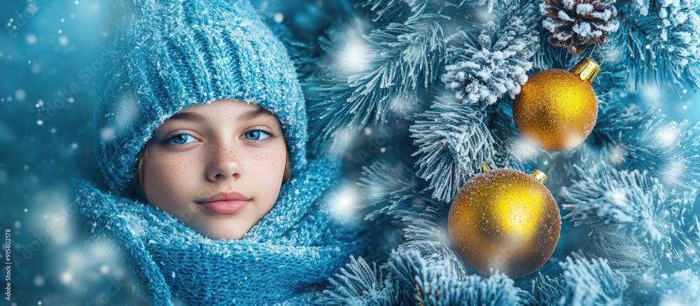 Poster teen with christmas decorations and a blue frosty border. with copy space image. place for adding te