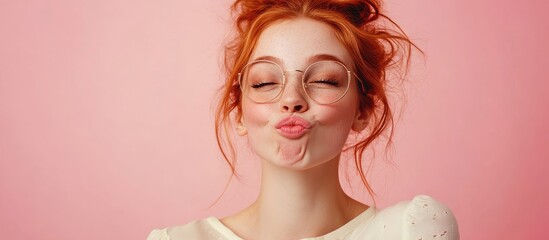 Confident ginger haired girl with eye patches gazing at the camera Studio image of a joyful Caucasian woman making a kissing face against a pink background. with copy space image