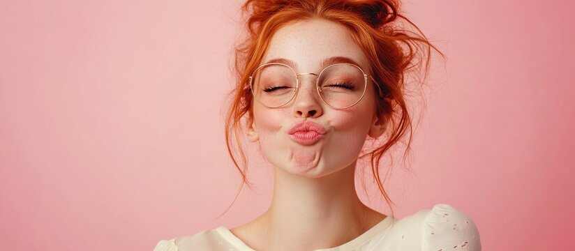 Confident ginger haired girl with eye patches gazing at the camera Studio image of a joyful Caucasian woman making a kissing face against a pink background. with copy space image