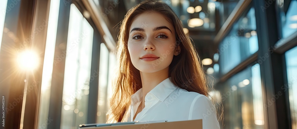 Poster Portrait of a self assured young businesswoman holding a file in a new office. with copy space image. Place for adding text or design
