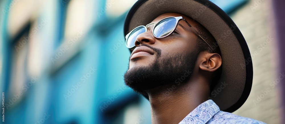 Poster portrait of a black man wearing sunglasses and a hat on the street african american profile. with co