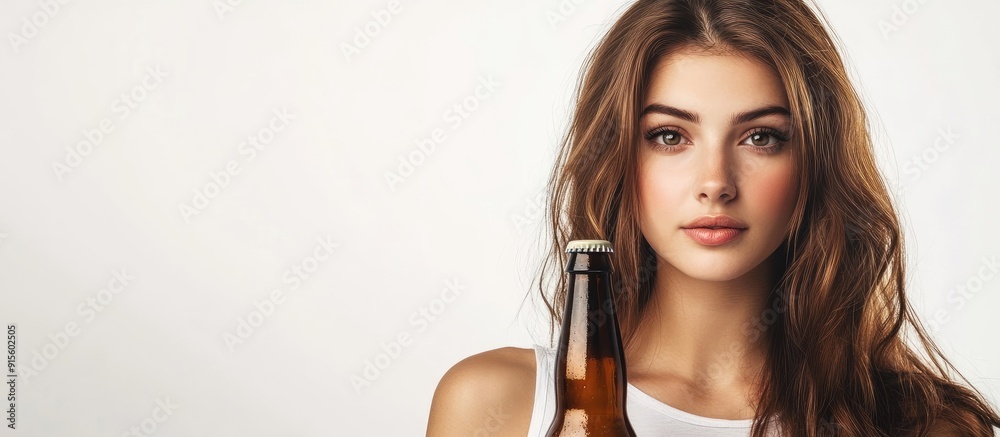 Poster young woman with a beer bottle against a white background. with copy space image. place for adding t