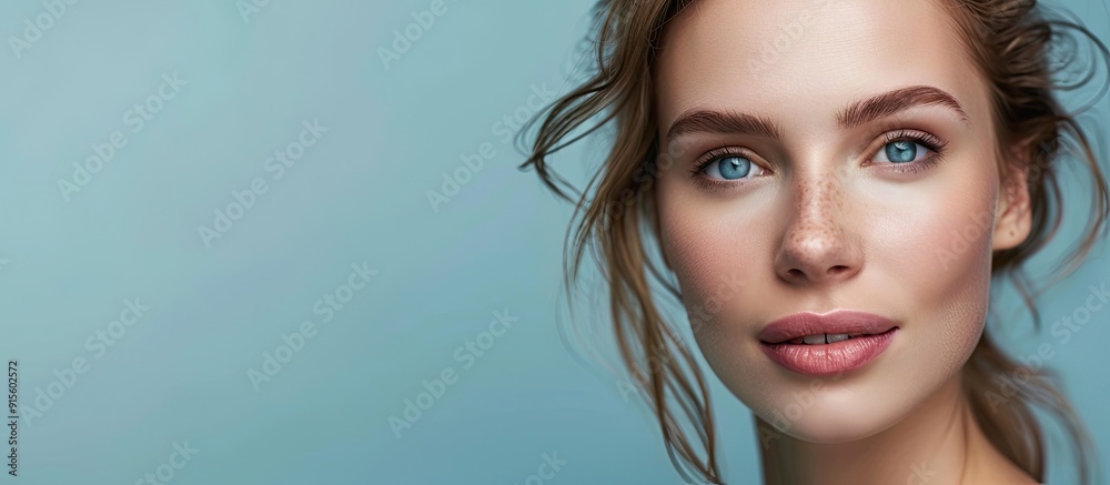 Poster portrait of an appealing woman showcasing ad copy in an empty space highlighting novelty set against