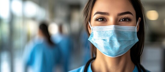 Portrait of a young nurse with a surgical mask. with copy space image. Place for adding text or design