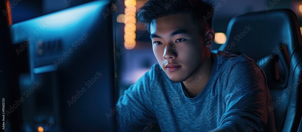 Poster Portrait of a young Asian man working on a computer in a dimly lit cyber environment copy space