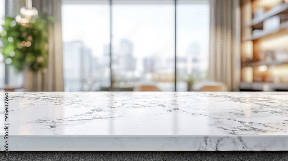 Poster Marble white stone table with blurred home design background with empty space mock up copy space