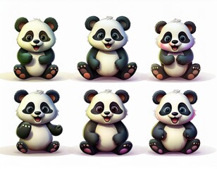 Naklejka premium Set of 3D cute happy cartoon panda bear, isolated on white background