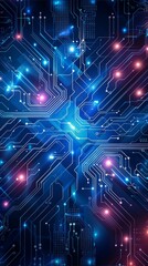 Fototapeta premium background The digital circuitry in the motherboard image, highlighted in blue and red, hints at connectivity and technological advances in space themes.