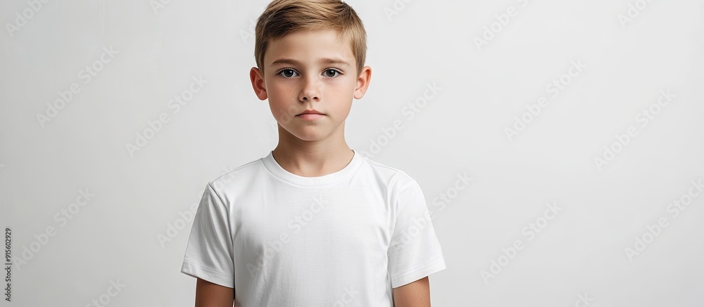 Poster young boy wearing a t shirt against a white background design mockup. with copy space image. place f