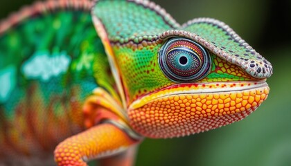 Fototapeta premium detailed close-up of a chameleons skin dynamic color-shifting chromatophores scales and ridges sharply defined vivid hues blending seamlessly against a soft blurred backgro