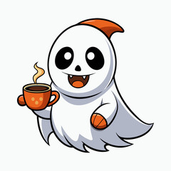 Halloween Ghost with Coffee Vector Illustration - Cartoon, Clipart, and Line Art Design
